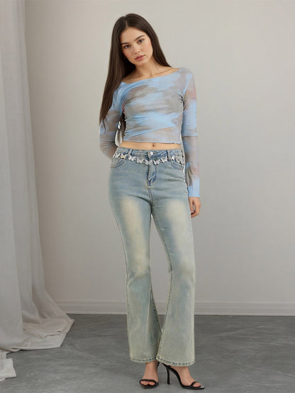 Off Shoulder Tie Dye Mesh Long Sleeve Crop Top Sheer See Through Slim Fitted Club Tee