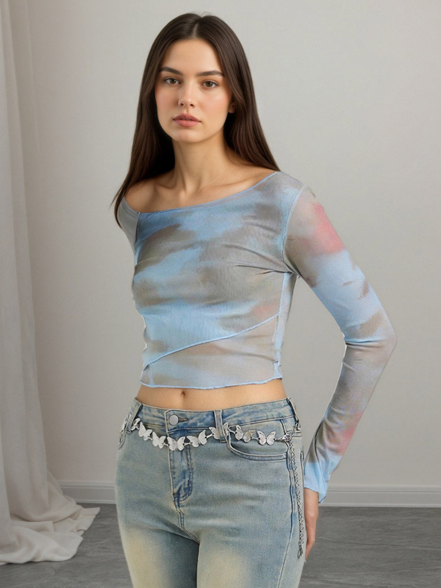 Off Shoulder Tie Dye Mesh Long Sleeve Crop Top Sheer See Through Slim Fitted Club Tee