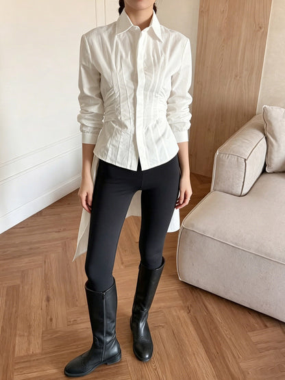Brown White Two Color Cotton Blouse Front Pleated Slim Fit Cuffed Sleeve Shirts