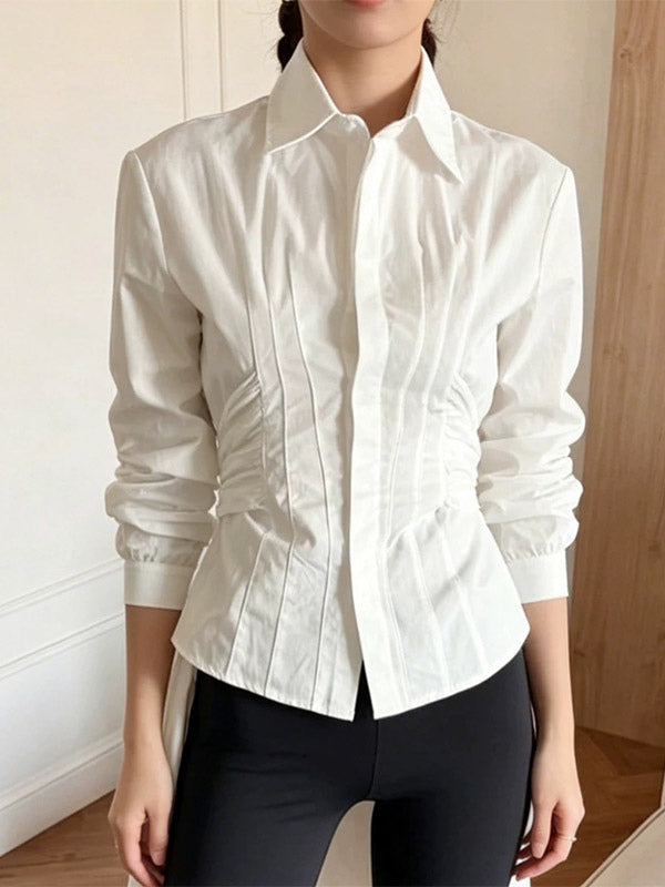 Brown White Two Color Cotton Blouse Front Pleated Slim Fit Cuffed Sleeve Shirts