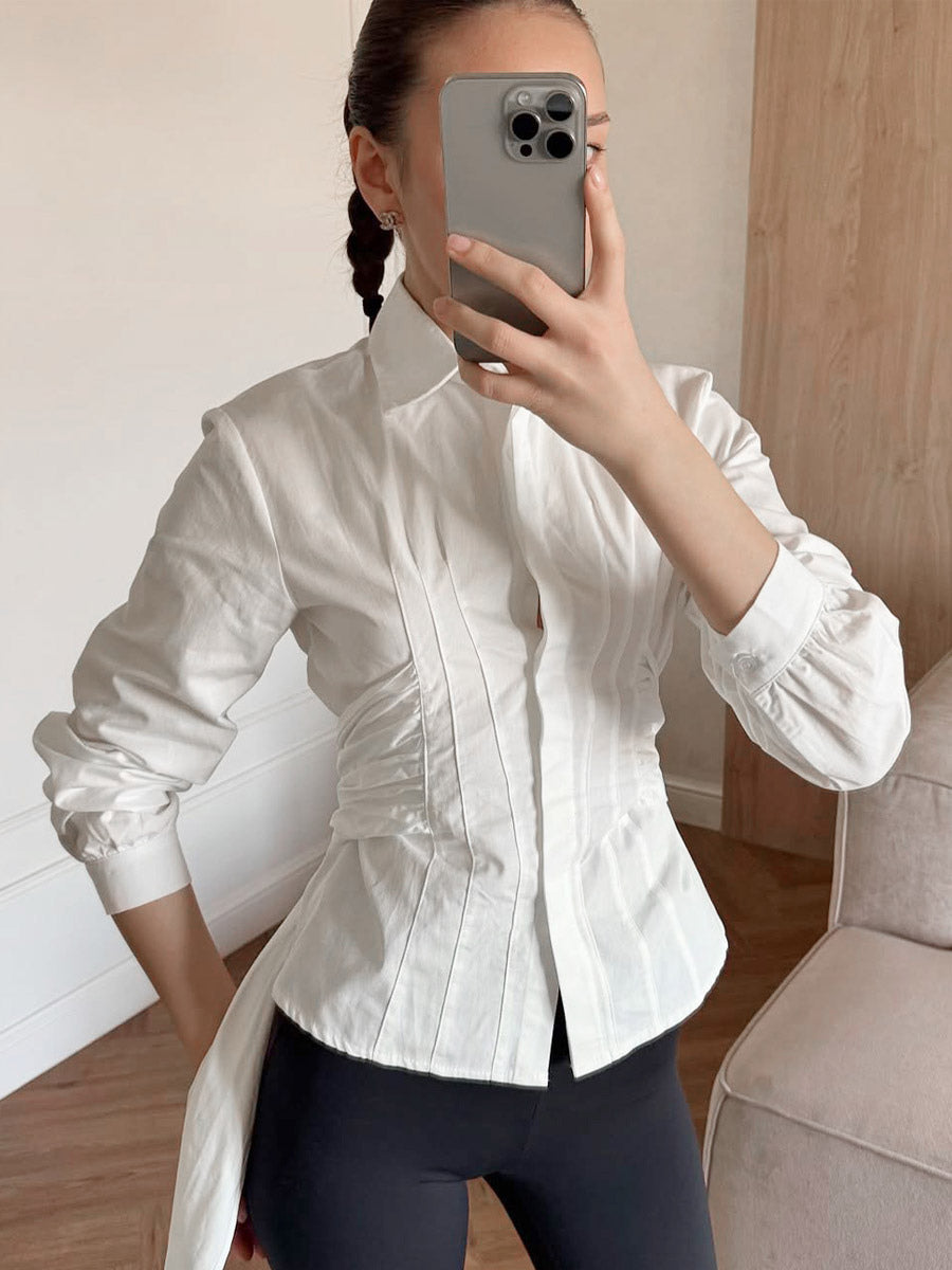 Brown White Two Color Cotton Blouse Front Pleated Slim Fit Cuffed Sleeve Shirts