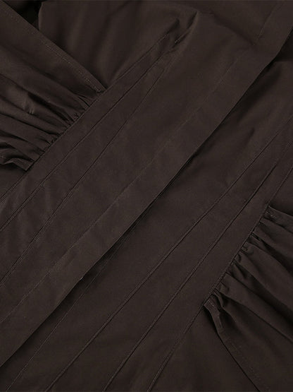 Brown White Two Color Cotton Blouse Front Pleated Slim Fit Cuffed Sleeve Shirts
