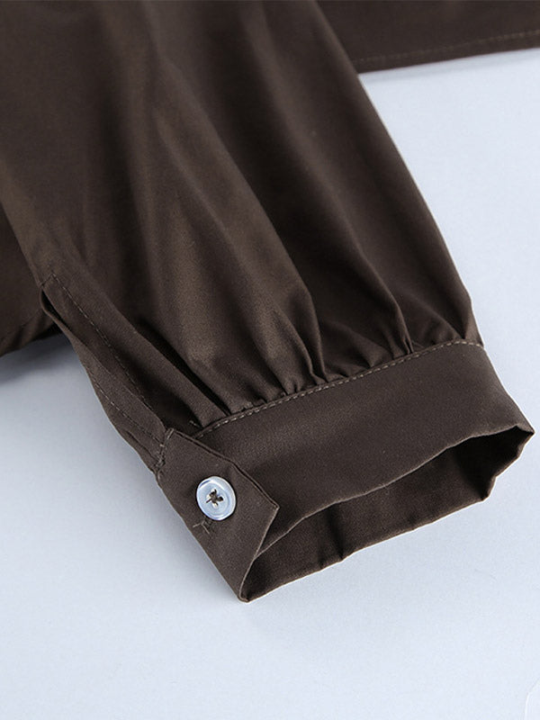 Brown White Two Color Cotton Blouse Front Pleated Slim Fit Cuffed Sleeve Shirts