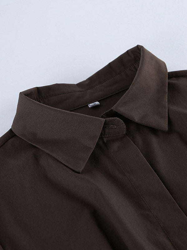 Brown White Two Color Cotton Blouse Front Pleated Slim Fit Cuffed Sleeve Shirts
