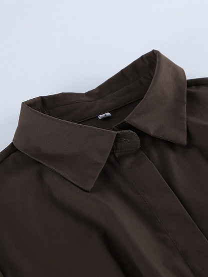 Brown White Two Color Cotton Blouse Front Pleated Slim Fit Cuffed Sleeve Shirts