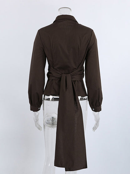 Brown White Two Color Cotton Blouse Front Pleated Slim Fit Cuffed Sleeve Shirts