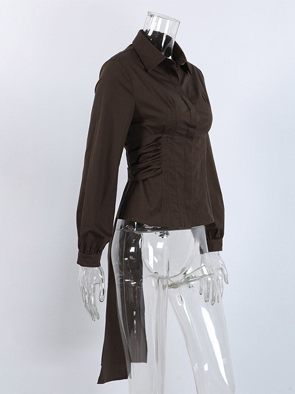 Brown White Two Color Cotton Blouse Front Pleated Slim Fit Cuffed Sleeve Shirts