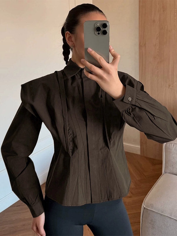 Brown White Two Color Cotton Blouse Front Pleated Slim Fit Cuffed Sleeve Shirts