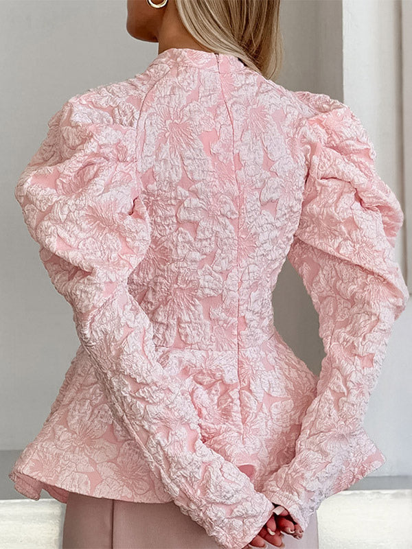 Textured Jacquard Puff Sleeve Blouse High Neck Peplum Waist Flared Hem Tops