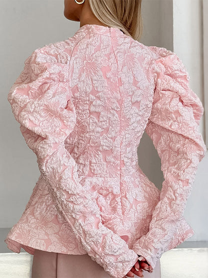 Textured Jacquard Puff Sleeve Blouse High Neck Peplum Waist Flared Hem Tops