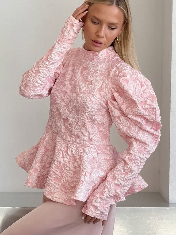 Textured Jacquard Puff Sleeve Blouse High Neck Peplum Waist Flared Hem Tops