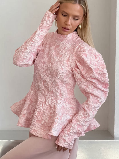 Textured Jacquard Puff Sleeve Blouse High Neck Peplum Waist Flared Hem Tops