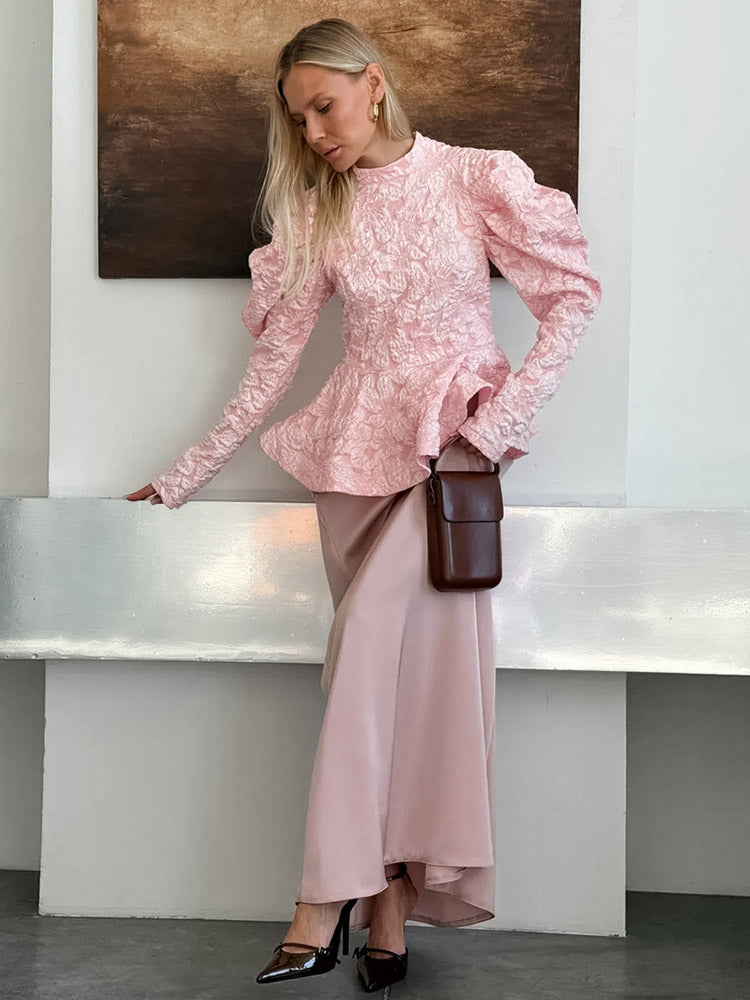 Textured Jacquard Puff Sleeve Blouse High Neck Peplum Waist Flared Hem Tops