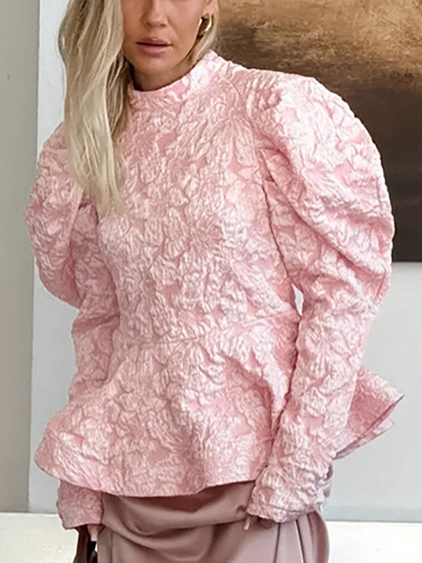 Textured Jacquard Puff Sleeve Blouse High Neck Peplum Waist Flared Hem Tops