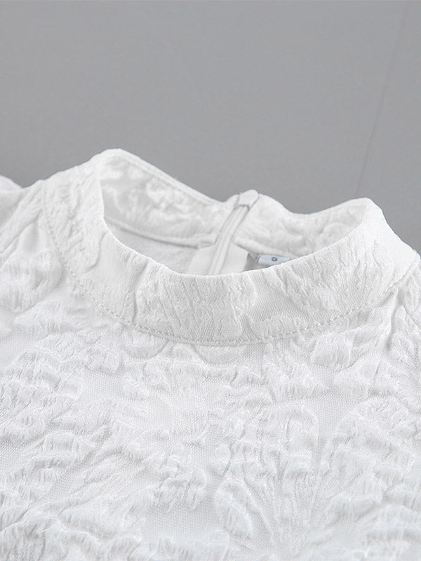 Textured Jacquard Puff Sleeve Blouse High Neck Peplum Waist Flared Hem Tops