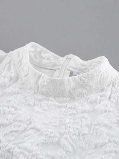 Textured Jacquard Puff Sleeve Blouse High Neck Peplum Waist Flared Hem Tops
