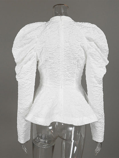 Textured Jacquard Puff Sleeve Blouse High Neck Peplum Waist Flared Hem Tops