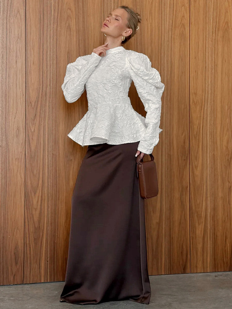 Textured Jacquard Puff Sleeve Blouse High Neck Peplum Waist Flared Hem Tops