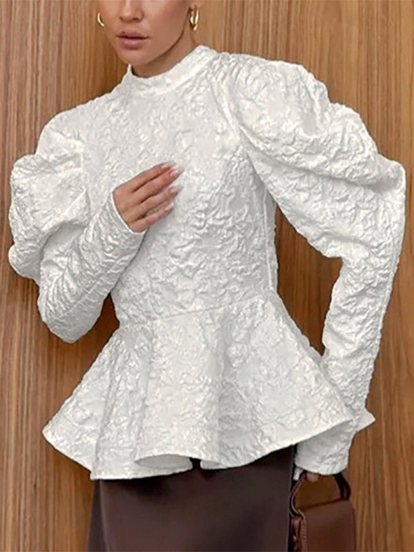 Textured Jacquard Puff Sleeve Blouse High Neck Peplum Waist Flared Hem Tops