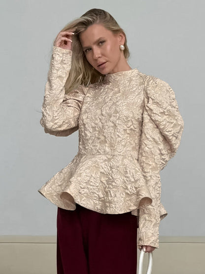 Textured Jacquard Puff Sleeve Blouse High Neck Peplum Waist Flared Hem Tops