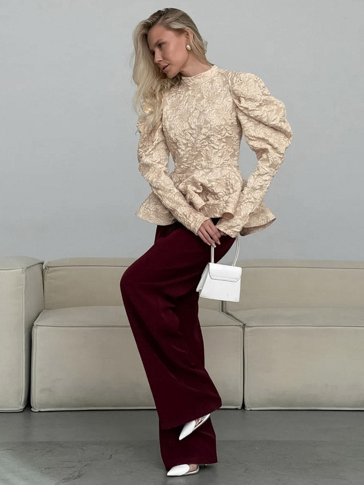 Textured Jacquard Puff Sleeve Blouse High Neck Peplum Waist Flared Hem Tops