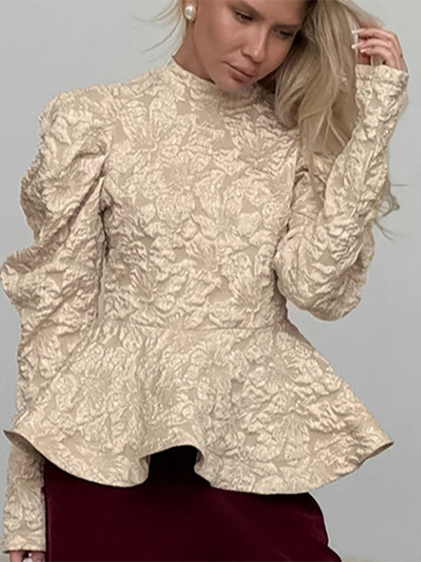Textured Jacquard Puff Sleeve Blouse High Neck Peplum Waist Flared Hem Tops