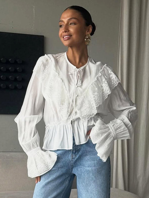 Vintage Ruffle Collar Blouse Elastic Waist Flared Cuff Long Sleeve Shirts