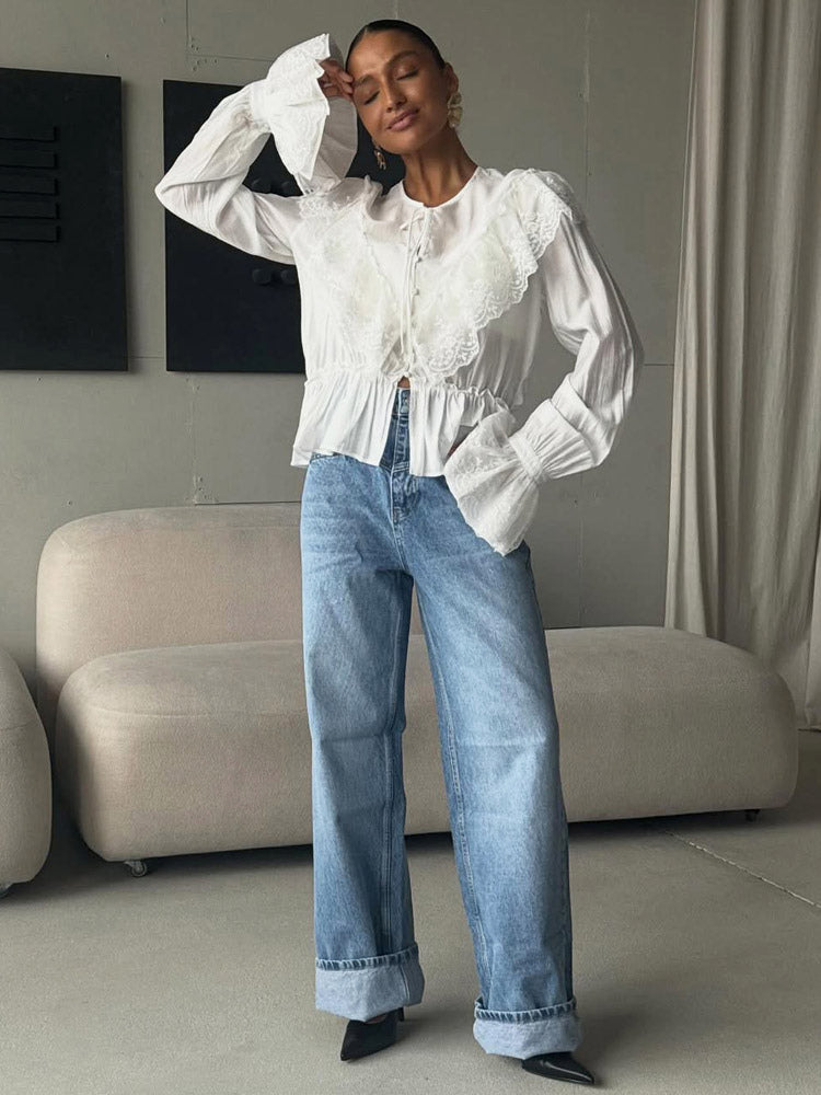 Vintage Ruffle Collar Blouse Elastic Waist Flared Cuff Long Sleeve Shirts