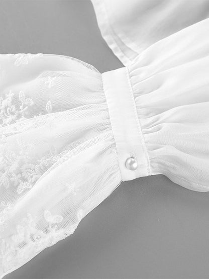 Vintage Ruffle Collar Blouse Elastic Waist Flared Cuff Long Sleeve Shirts