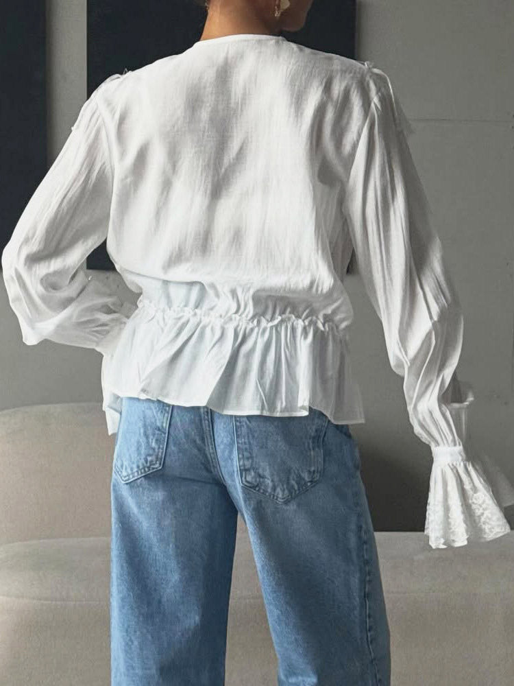 Vintage Ruffle Collar Blouse Elastic Waist Flared Cuff Long Sleeve Shirts
