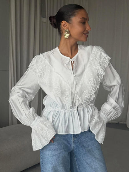 Vintage Ruffle Collar Blouse Elastic Waist Flared Cuff Long Sleeve Shirts