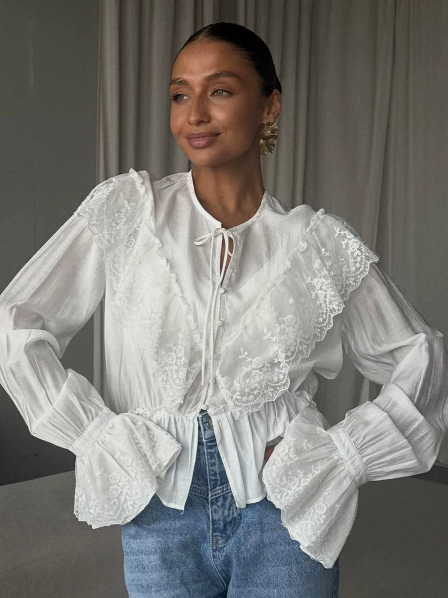 Vintage Ruffle Collar Blouse Elastic Waist Flared Cuff Long Sleeve Shirts