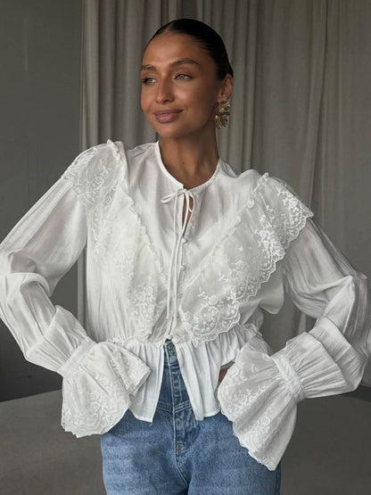 Vintage Ruffle Collar Blouse Elastic Waist Flared Cuff Long Sleeve Shirts