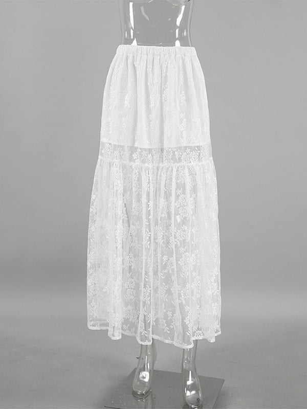 Elastic Waist Sheer Floral Lace Tiered Maxi Skirt Black White See Through Long Bottoms