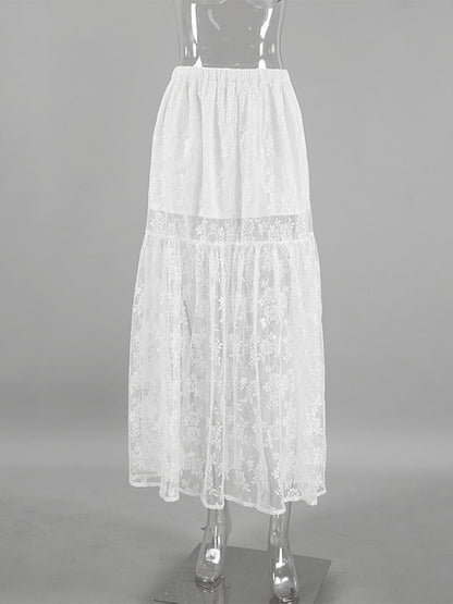 Elastic Waist Sheer Floral Lace Tiered Maxi Skirt Black White See Through Long Bottoms
