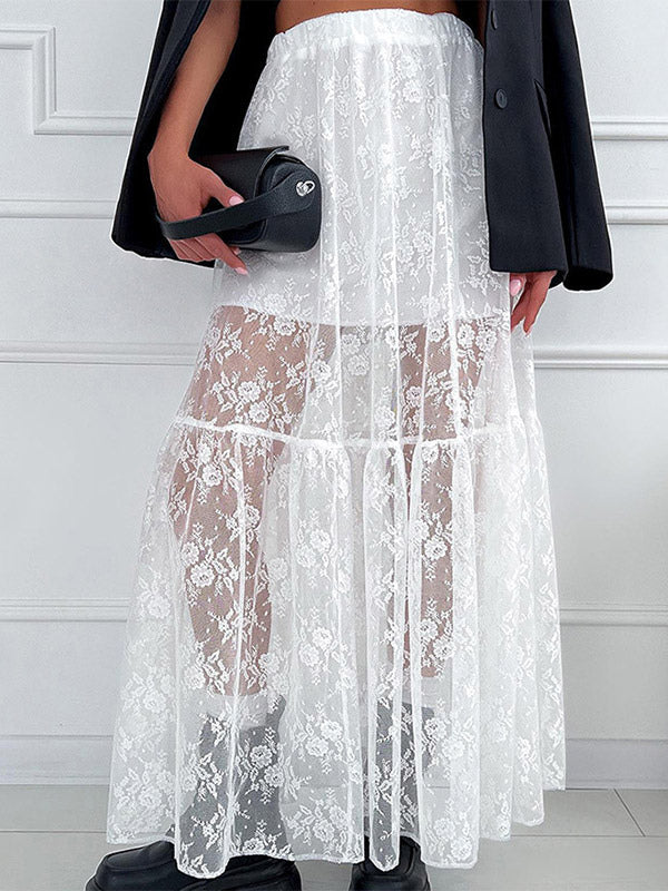 Elastic Waist Sheer Floral Lace Tiered Maxi Skirt Black White See Through Long Bottoms