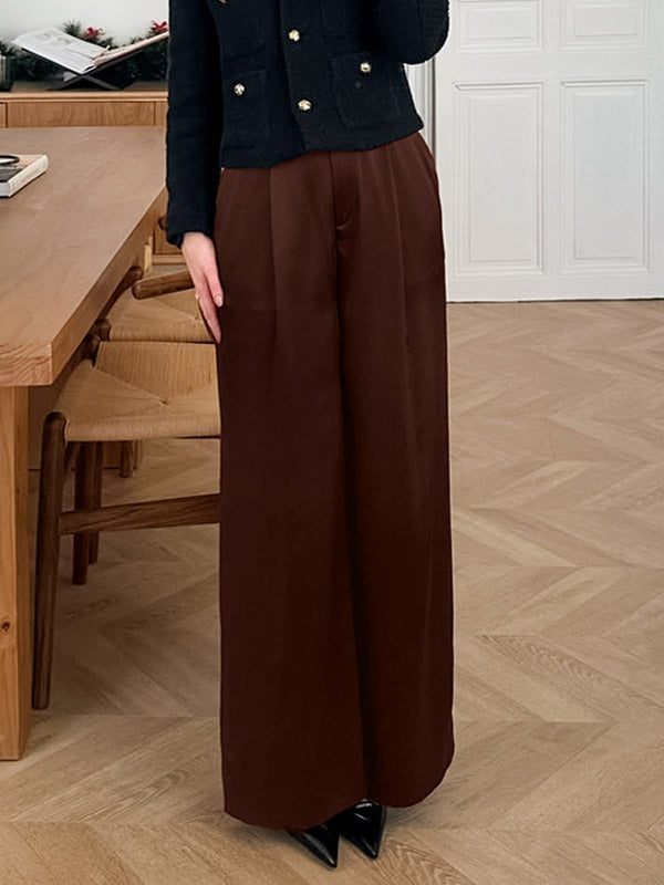 Brown Satin Wide Leg Pants High Waist Draped Silky Straight Trousers
