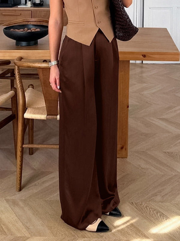 Brown Satin Wide Leg Pants High Waist Draped Silky Straight Trousers