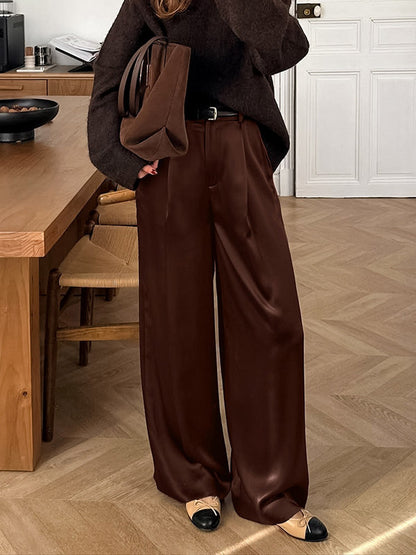 Brown Satin Wide Leg Pants High Waist Draped Silky Straight Trousers