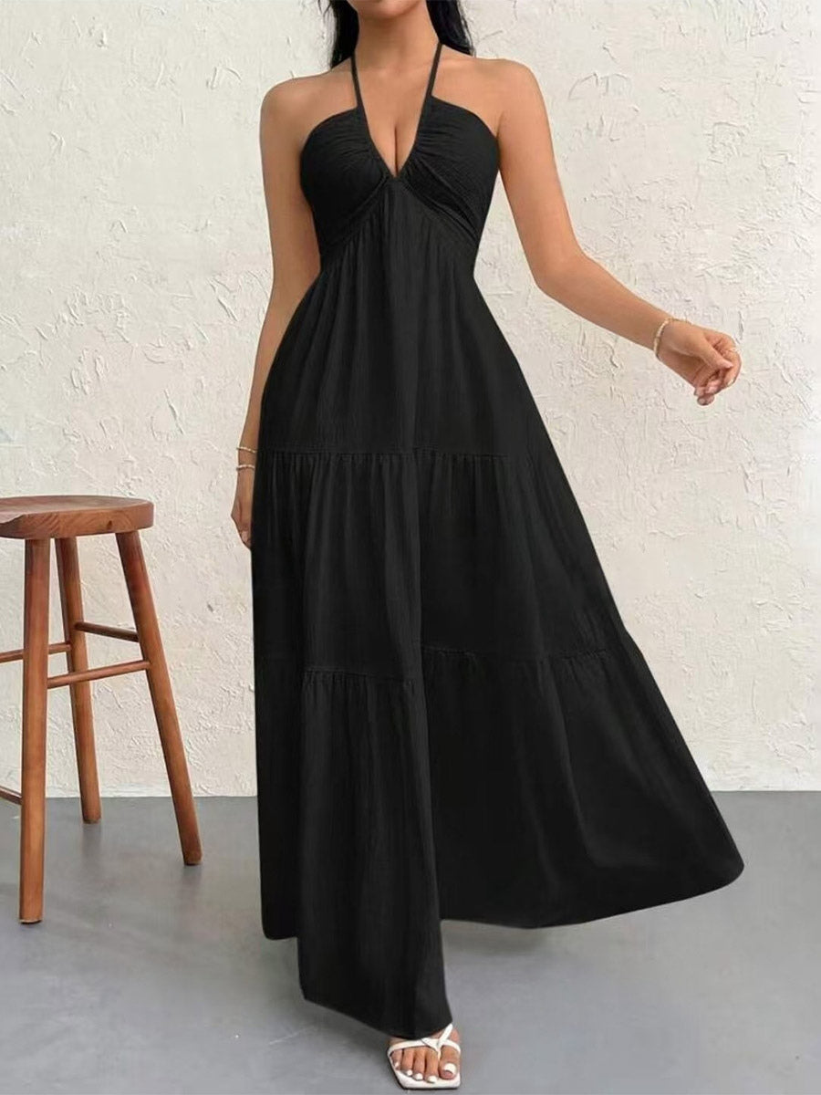 Vacation Dresses Halter V Neck Back Tie Tiered Ruffle Backless Flowy Summer Beach Long Maxi Dress
