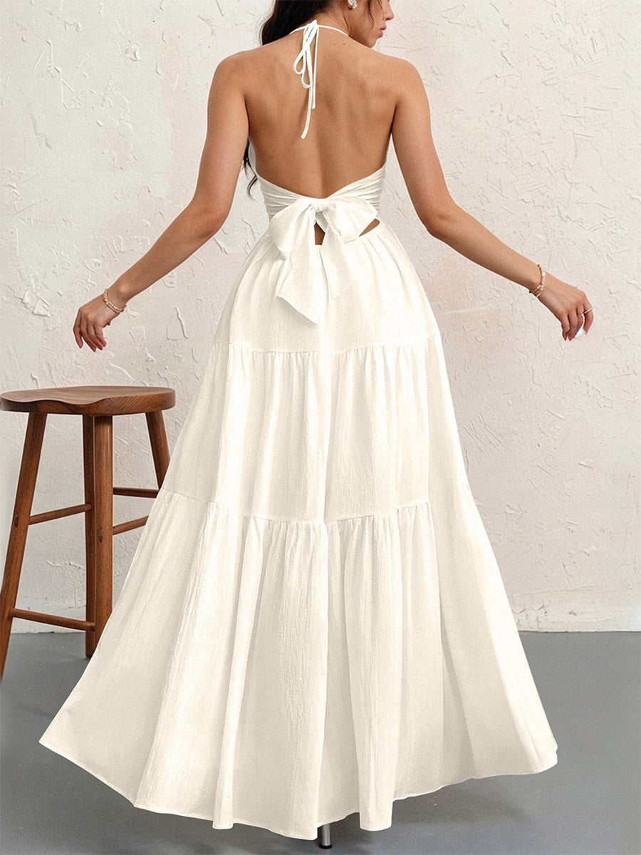 Vacation Dresses Halter V Neck Back Tie Tiered Ruffle Backless Flowy Summer Beach Long Maxi Dress