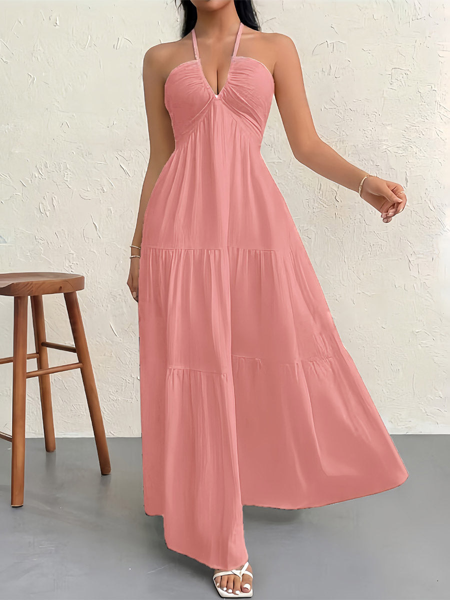Vacation Dresses Halter V Neck Back Tie Tiered Ruffle Backless Flowy Summer Beach Long Maxi Dress
