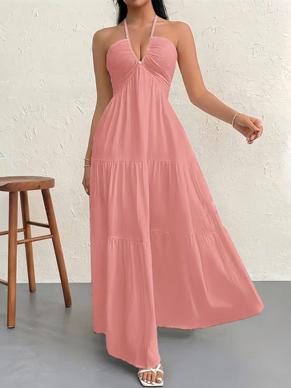 Vacation Dresses Halter V Neck Back Tie Tiered Ruffle Backless Flowy Summer Beach Long Maxi Dress