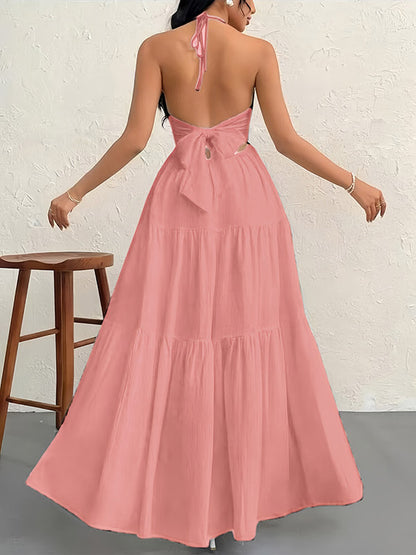 Vacation Dresses Halter V Neck Back Tie Tiered Ruffle Backless Flowy Summer Beach Long Maxi Dress