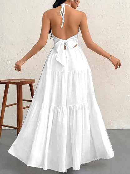 Vacation Dresses Halter V Neck Back Tie Tiered Ruffle Backless Flowy Summer Beach Long Maxi Dress