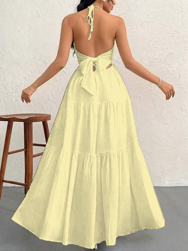 Vacation Dresses Halter V Neck Back Tie Tiered Ruffle Backless Flowy Summer Beach Long Maxi Dress
