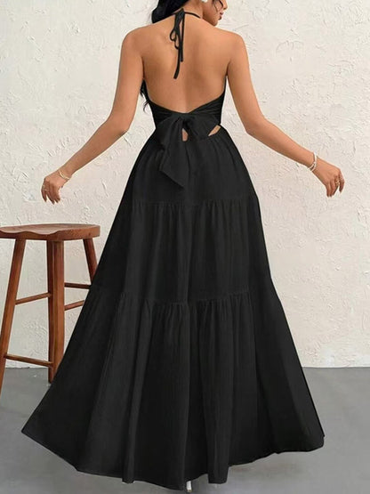 Vacation Dresses Halter V Neck Back Tie Tiered Ruffle Backless Flowy Summer Beach Long Maxi Dress