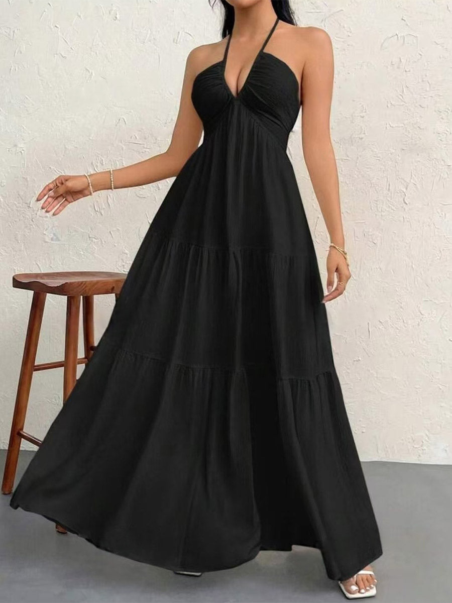 Vacation Dresses Halter V Neck Back Tie Tiered Ruffle Backless Flowy Summer Beach Long Maxi Dress