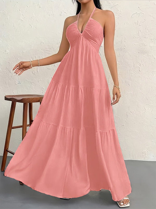 Vacation Dresses Halter V Neck Back Tie Tiered Ruffle Backless Flowy Summer Beach Long Maxi Dress
