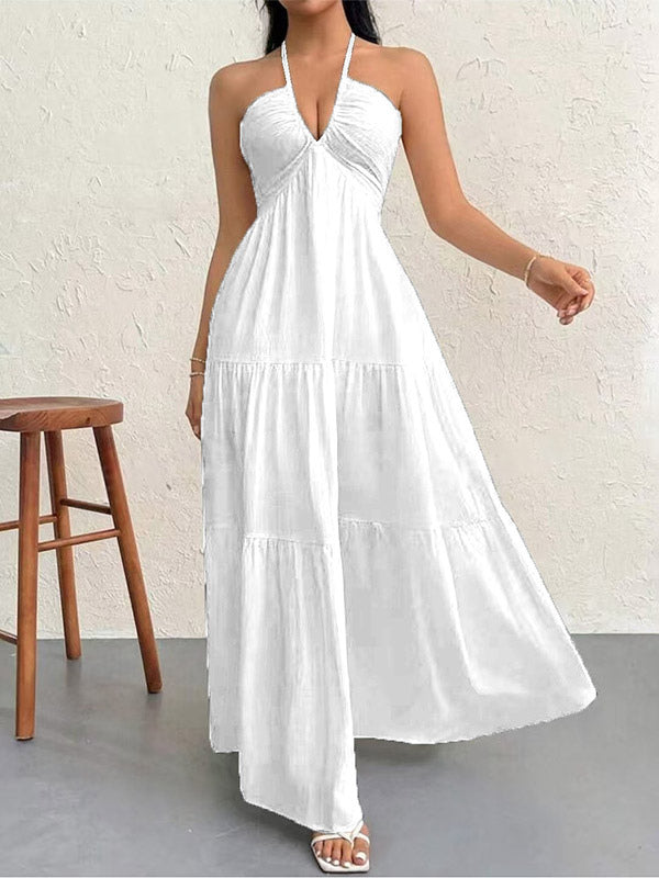 Vacation Dresses Halter V Neck Back Tie Tiered Ruffle Backless Flowy Summer Beach Long Maxi Dress